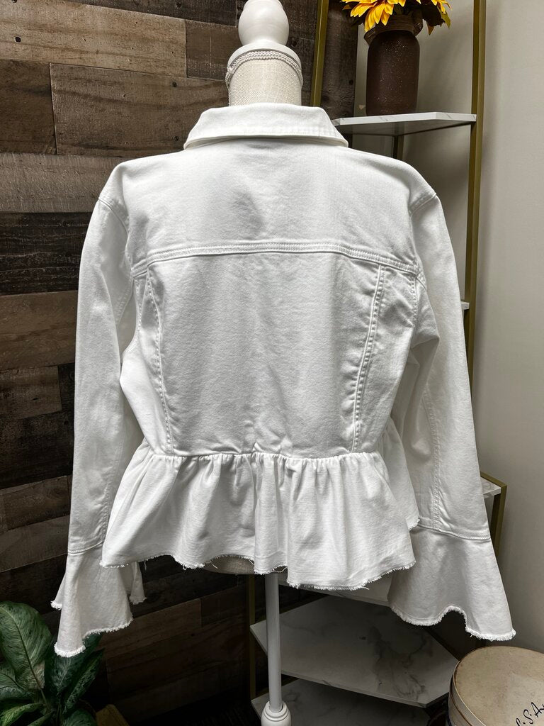 Lane Bryant White Denim Jacket Peplum Hem Flare Sleeve Button Front Size 20