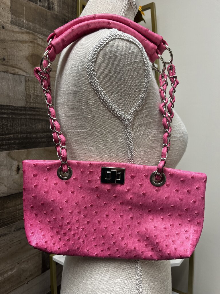 Pink Ostrich Material Small Purse w/Chain Straps