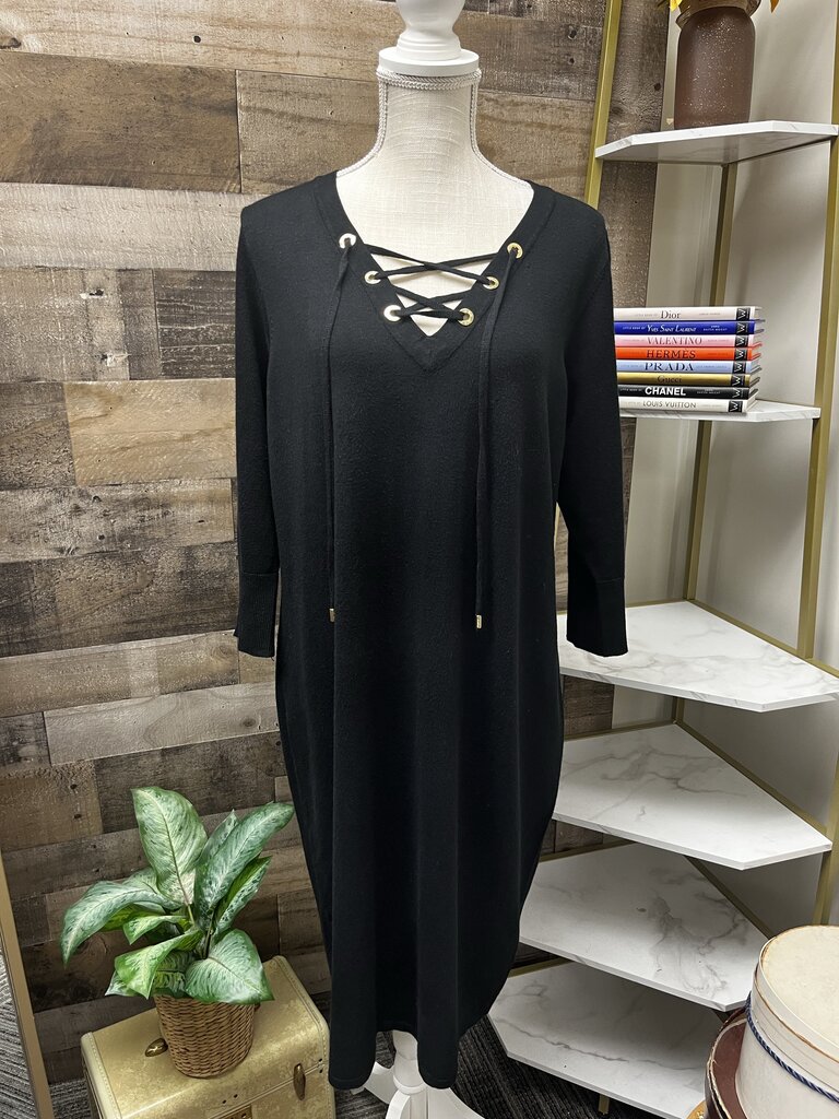 Calvin Klein Lace-Up V-Neck Zipper Sleeve Dress Black Gold Detailing Size XL
