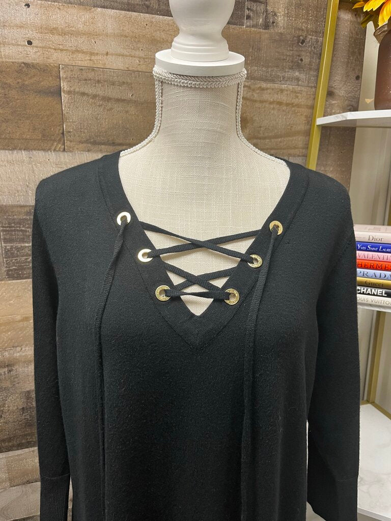 Calvin Klein Lace-Up V-Neck Zipper Sleeve Dress Black Gold Detailing Size XL