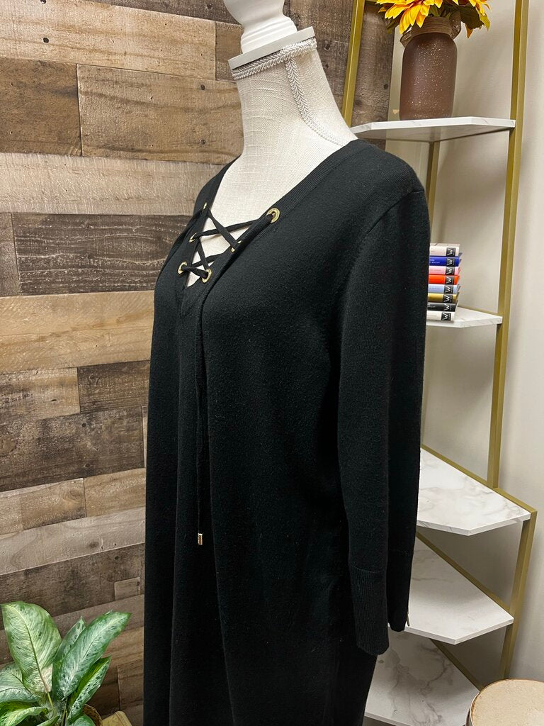 Calvin Klein Lace-Up V-Neck Zipper Sleeve Dress Black Gold Detailing Size XL