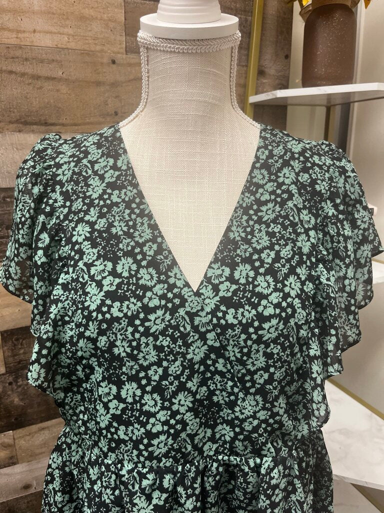 Madewell Black & Green Floral Wrap V-neck Blouse