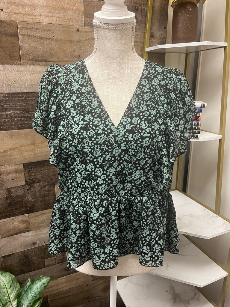Madewell Black & Green Floral Wrap V-neck Blouse