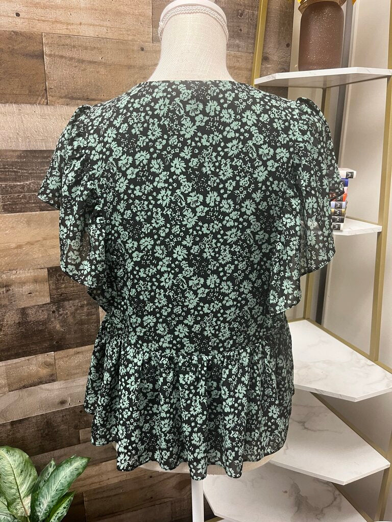 Madewell Black & Green Floral Wrap V-neck Blouse