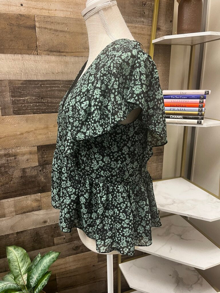 Madewell Black & Green Floral Wrap V-neck Blouse