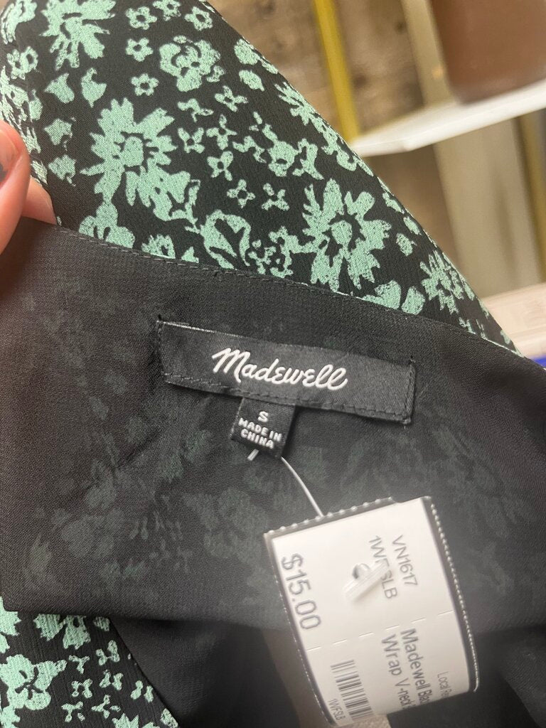 Madewell Black & Green Floral Wrap V-neck Blouse