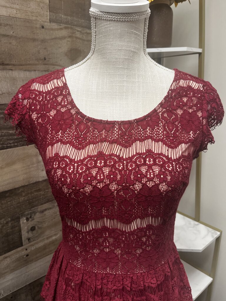 Anthro Maeve Dark Red Lace Waist Peplum Dress