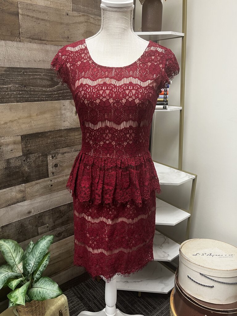 Anthro Maeve Dark Red Lace Waist Peplum Dress
