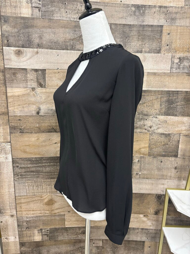 BCBG Maxazria Black Sequin-Neck Long Sleeve Top
