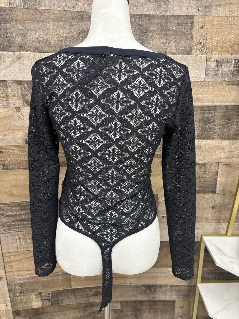 Anthropologie Pilcro Black Buttondown Lace Bodysuit