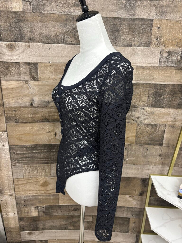Anthropologie Pilcro Black Buttondown Lace Bodysuit