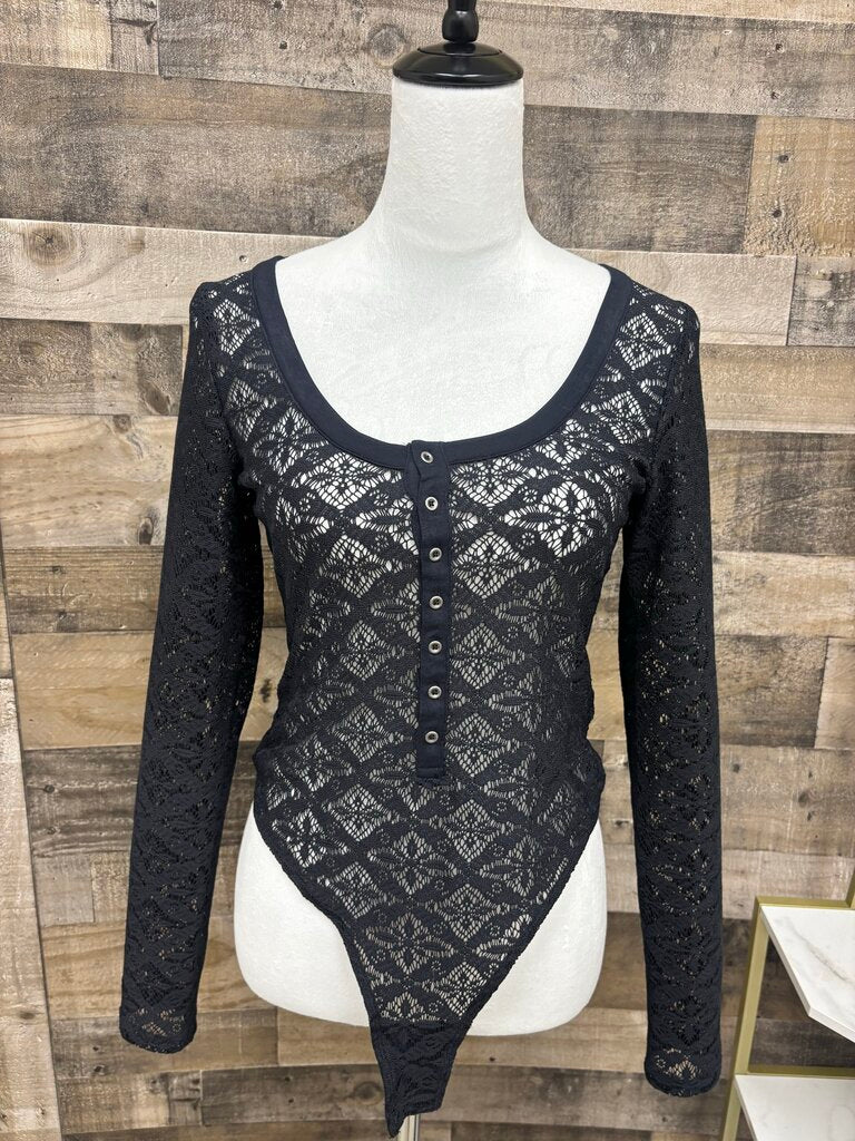 Anthropologie Pilcro Black Buttondown Lace Bodysuit