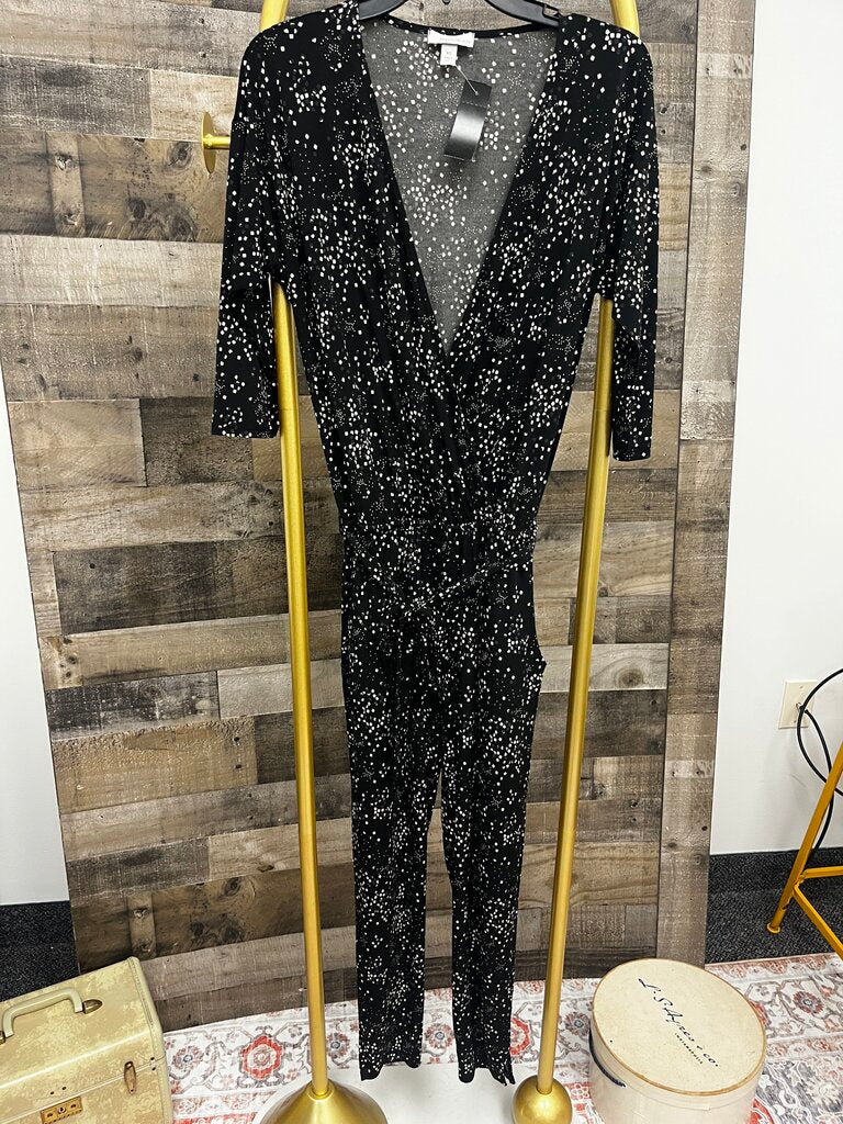 ALLISON JOY Black White Dizzy Diamond Pattern Tie Belt Jumpsuit