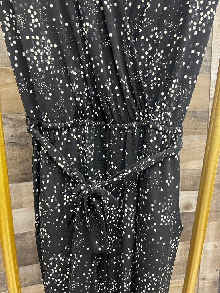 ALLISON JOY Black White Dizzy Diamond Pattern Tie Belt Jumpsuit