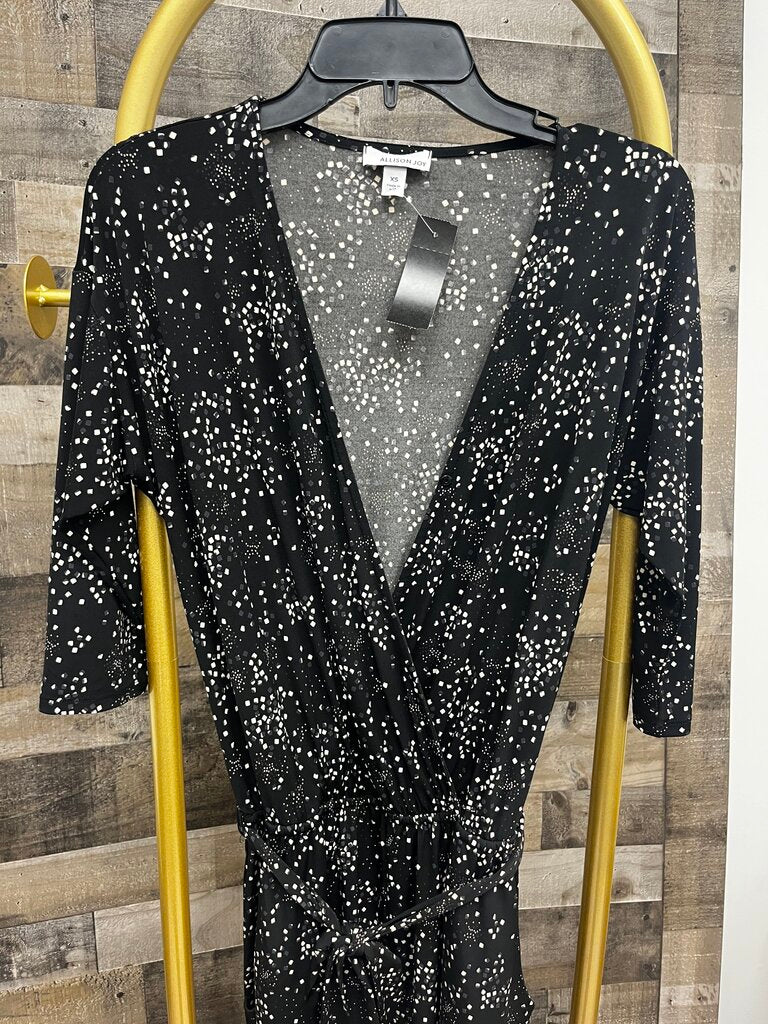 ALLISON JOY Black White Dizzy Diamond Pattern Tie Belt Jumpsuit