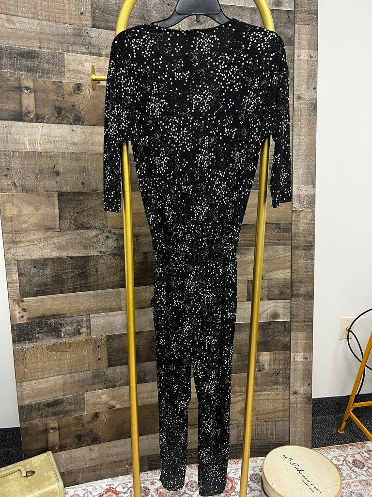 ALLISON JOY Black White Dizzy Diamond Pattern Tie Belt Jumpsuit
