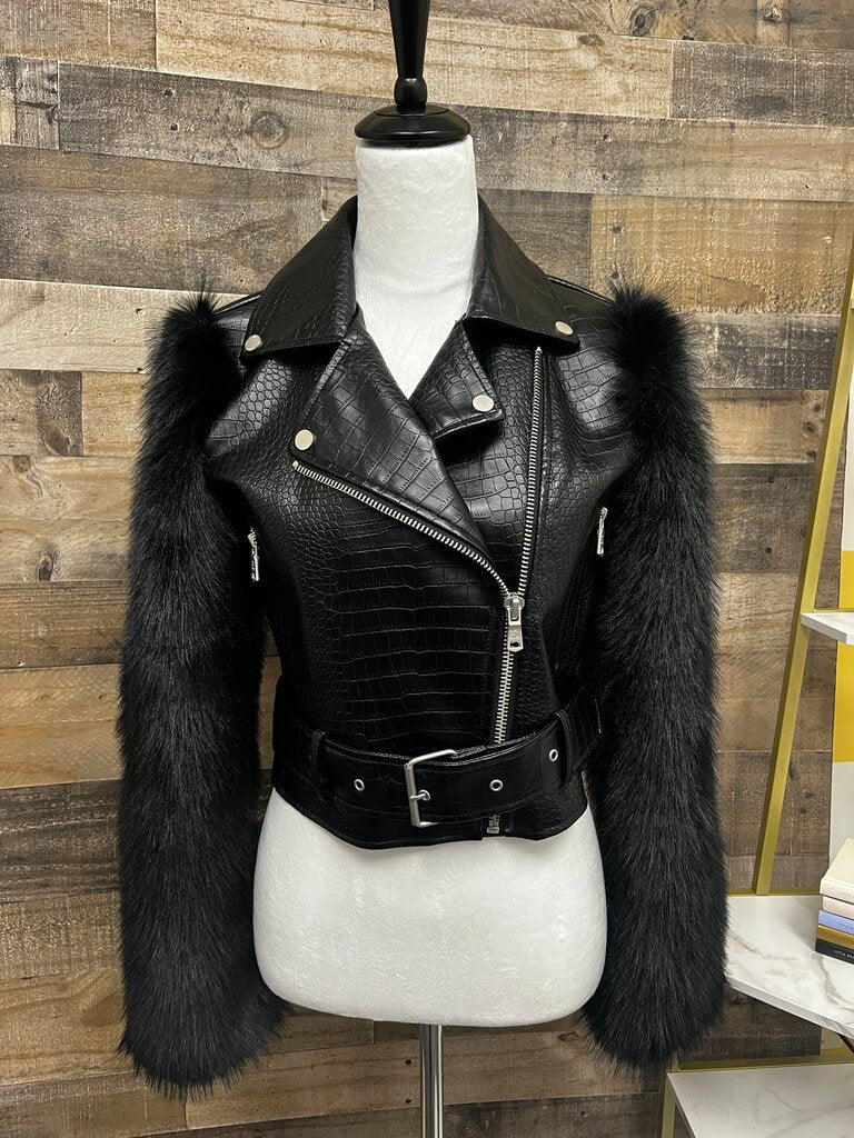 Avec Les Filles Textured Faux Leather Faux Fur Mix Biker Jacket