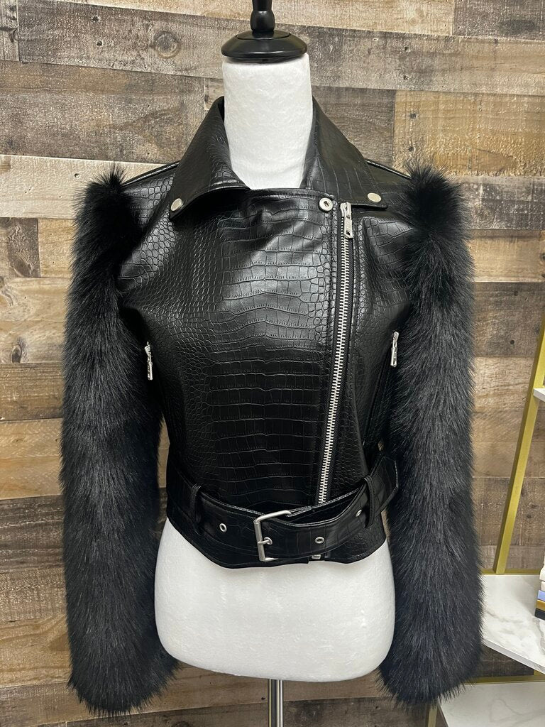 Avec Les Filles Textured Faux Leather Faux Fur Mix Biker Jacket