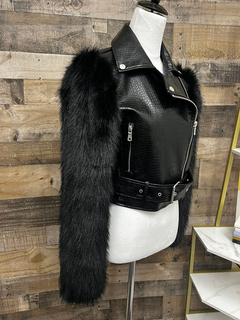 Avec Les Filles Textured Faux Leather Faux Fur Mix Biker Jacket