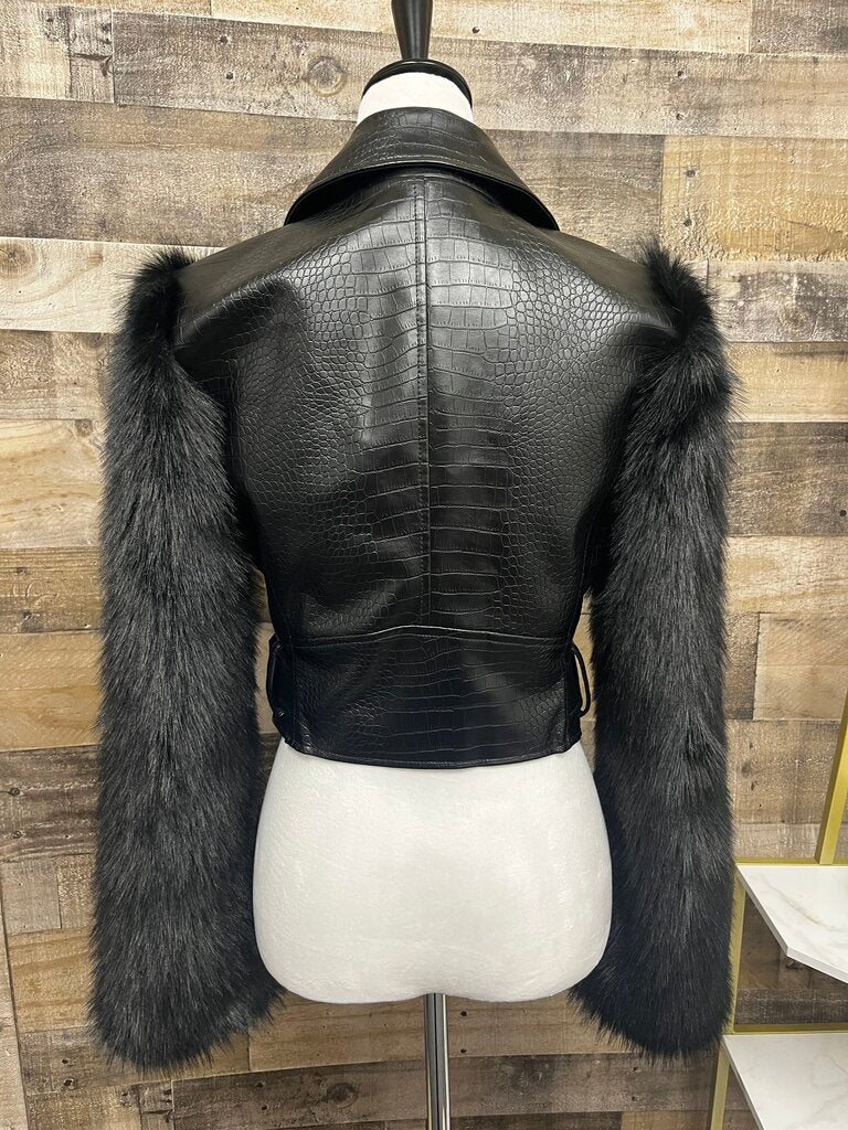Avec Les Filles Textured Faux Leather Faux Fur Mix Biker Jacket