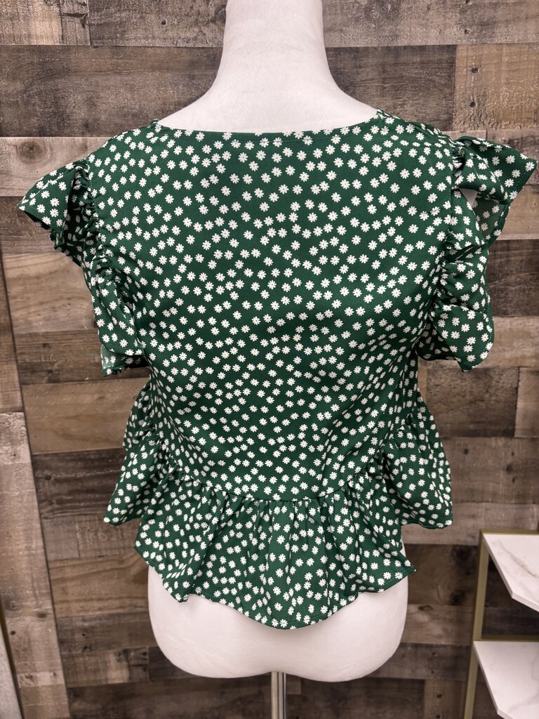 Green Floral V Neck Ruffle Hem Blouse