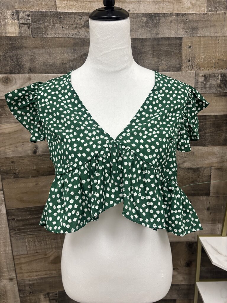 Green Floral V Neck Ruffle Hem Blouse