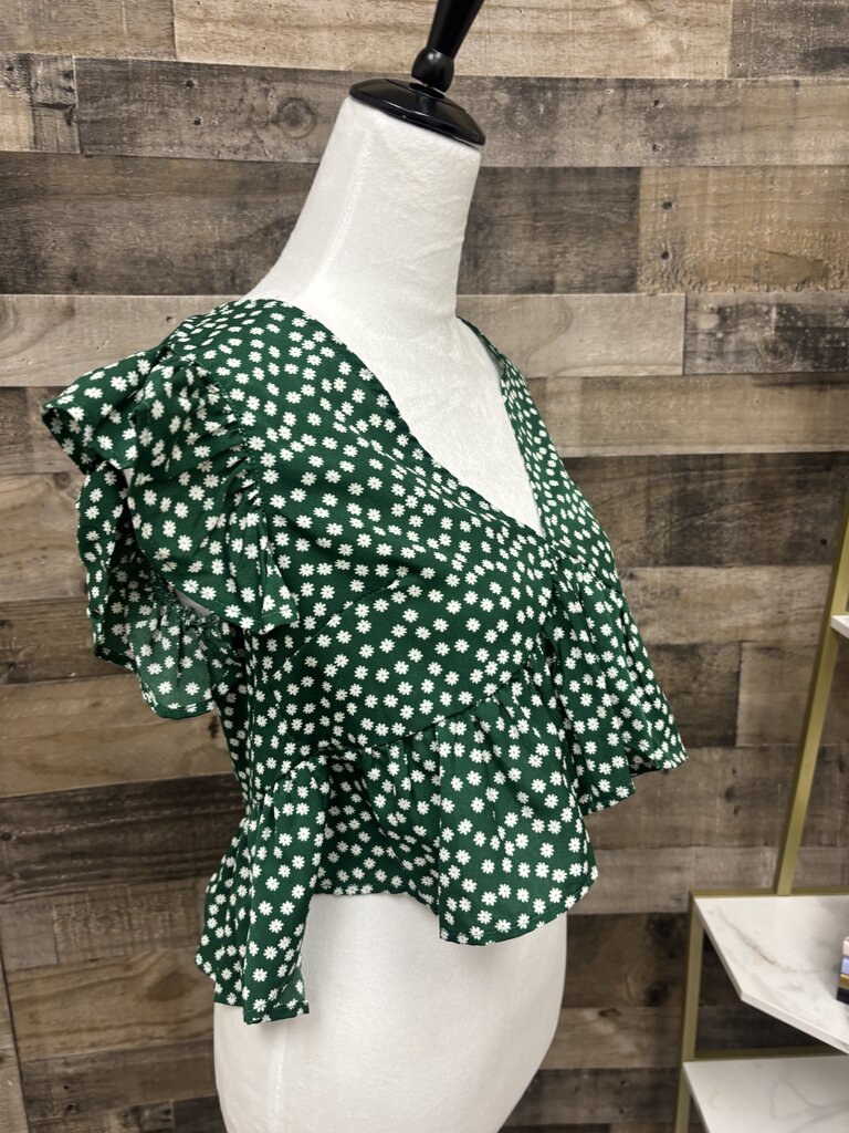 Green Floral V Neck Ruffle Hem Blouse