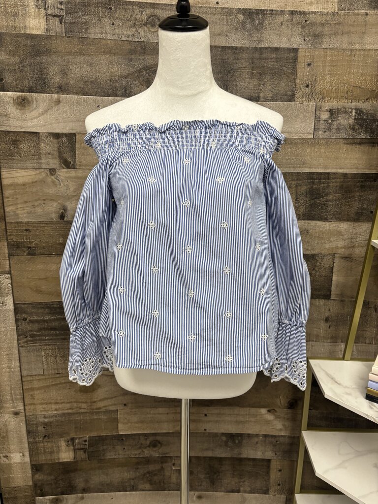 BP Womens Blue White Striped Eyelet Off Shoulder Blouse