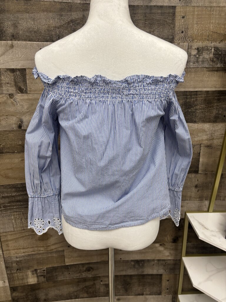 BP Womens Blue White Striped Eyelet Off Shoulder Blouse