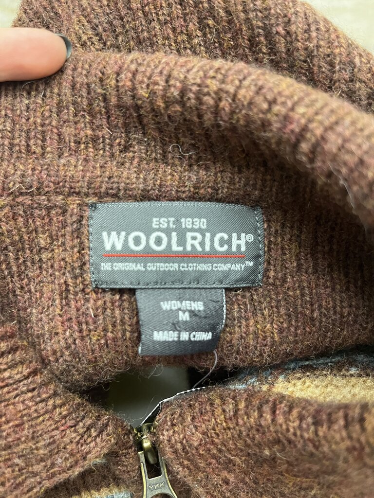 Woolrich Womens Teal and Brown Patterned Full-Zip Sweater
