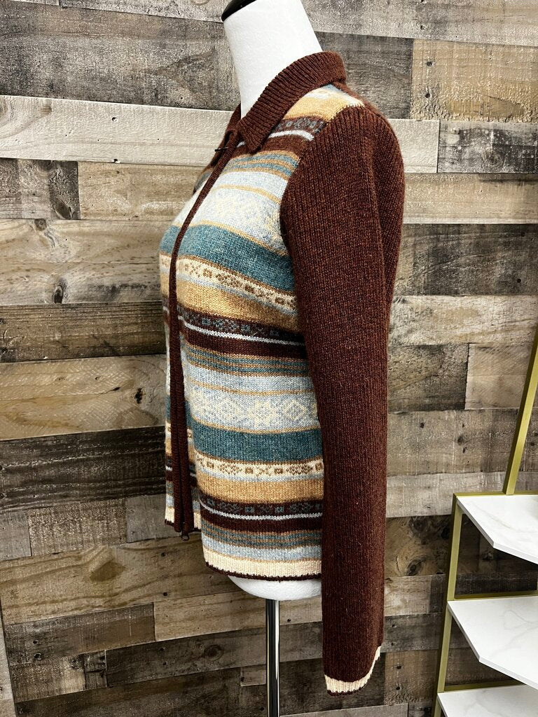 Woolrich Womens Teal and Brown Patterned Full-Zip Sweater