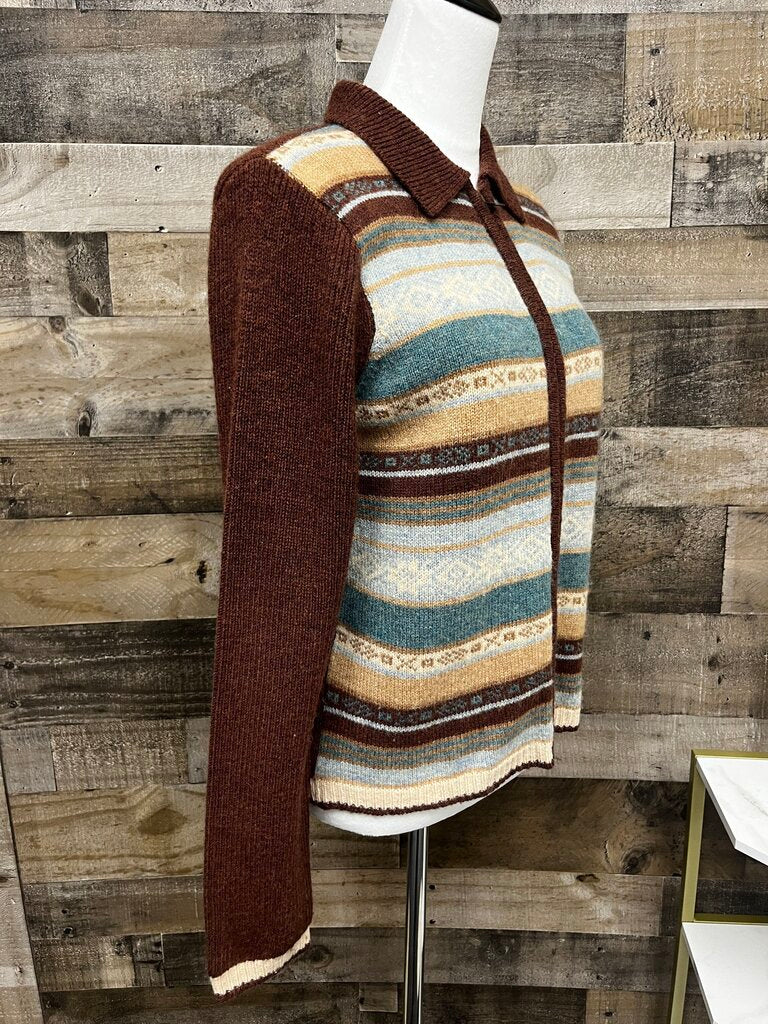 Woolrich Womens Teal and Brown Patterned Full-Zip Sweater