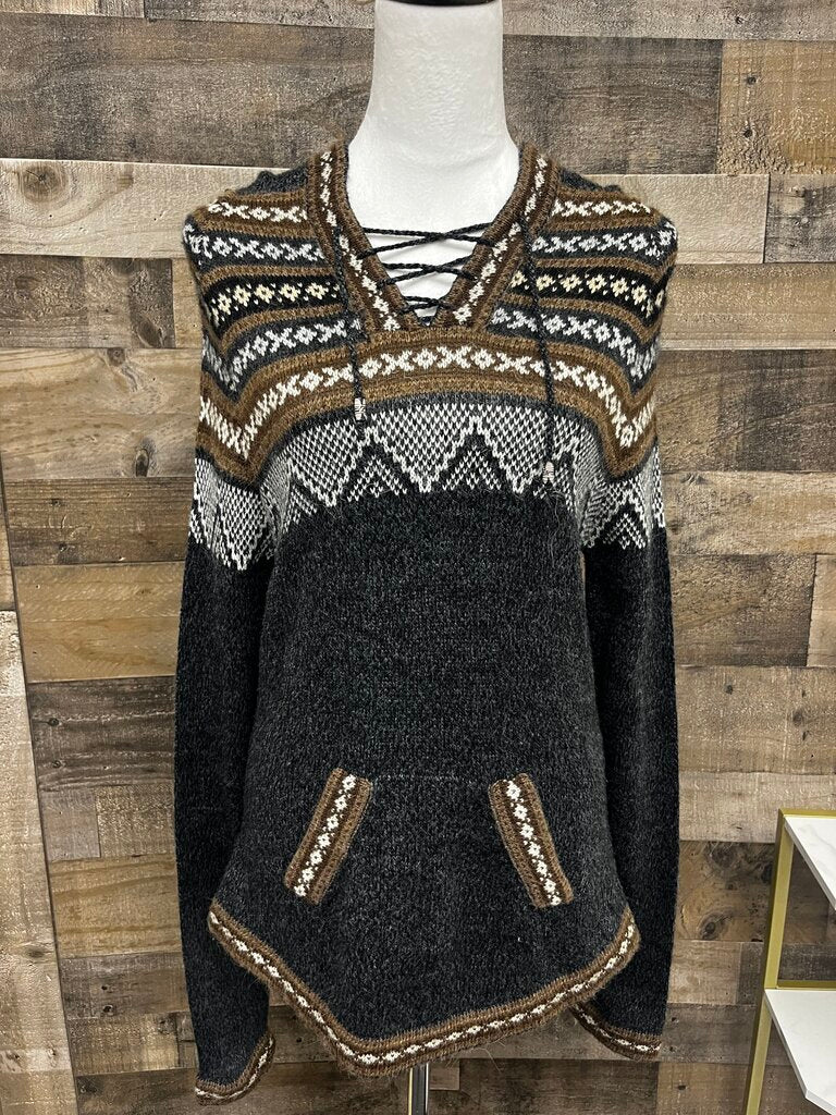 Artesania Hooded Pullover Sweater Alpaca Blend Brown Front Pocket