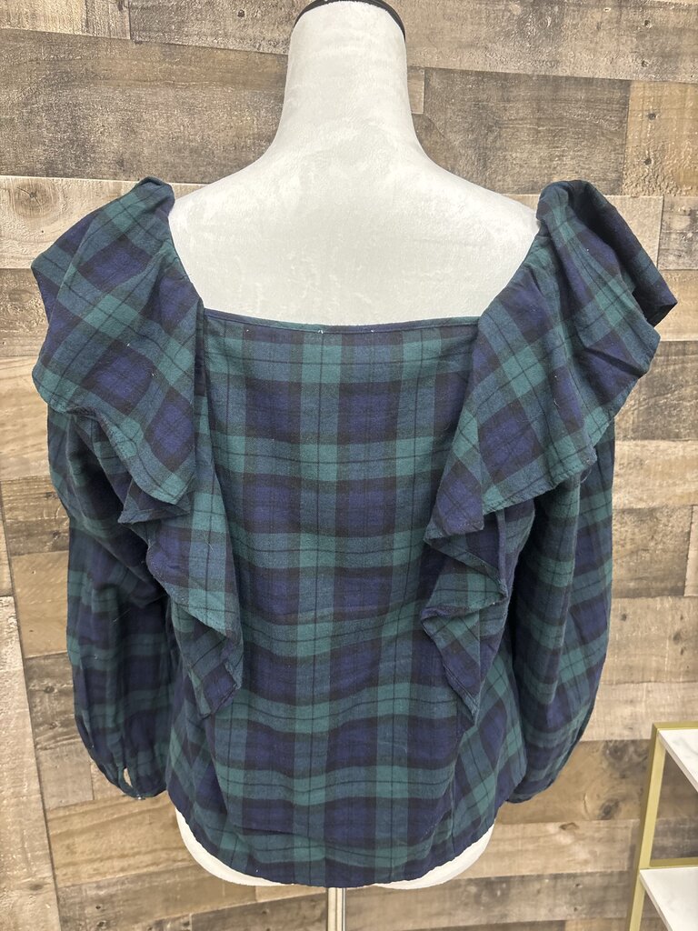 J Crew Navy & Green Plaid Ruffle Flannel Blouse