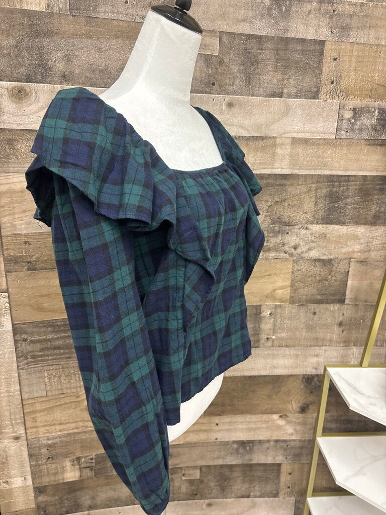 J Crew Navy & Green Plaid Ruffle Flannel Blouse