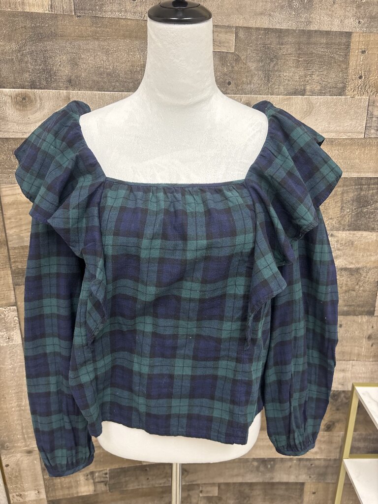 J Crew Navy & Green Plaid Ruffle Flannel Blouse