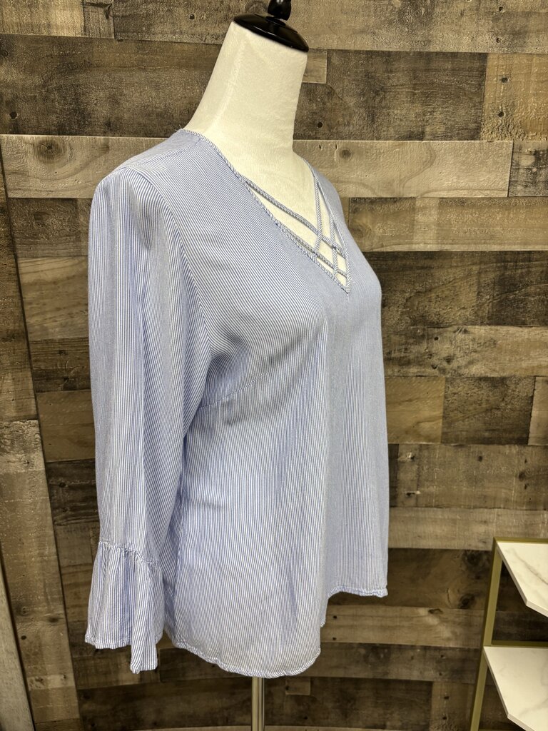 Maurices Blue & White Stripe V-Neck Blouse Bell Sleeves