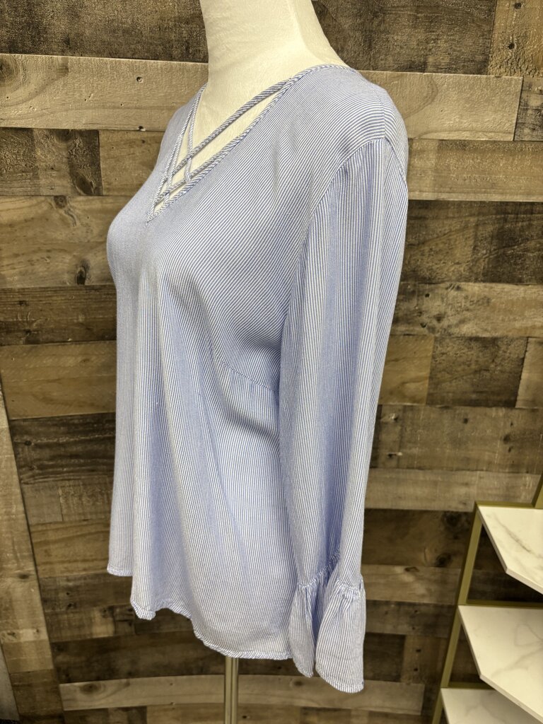 Maurices Blue & White Stripe V-Neck Blouse Bell Sleeves