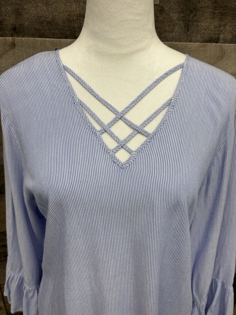 Maurices Blue & White Stripe V-Neck Blouse Bell Sleeves