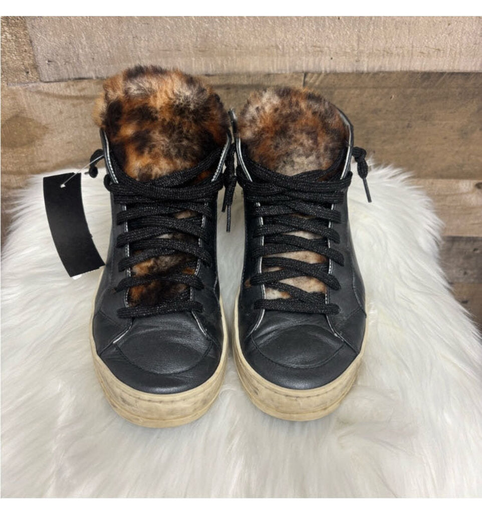 P488 Black Leather & Faux Fur High Top Sneakers