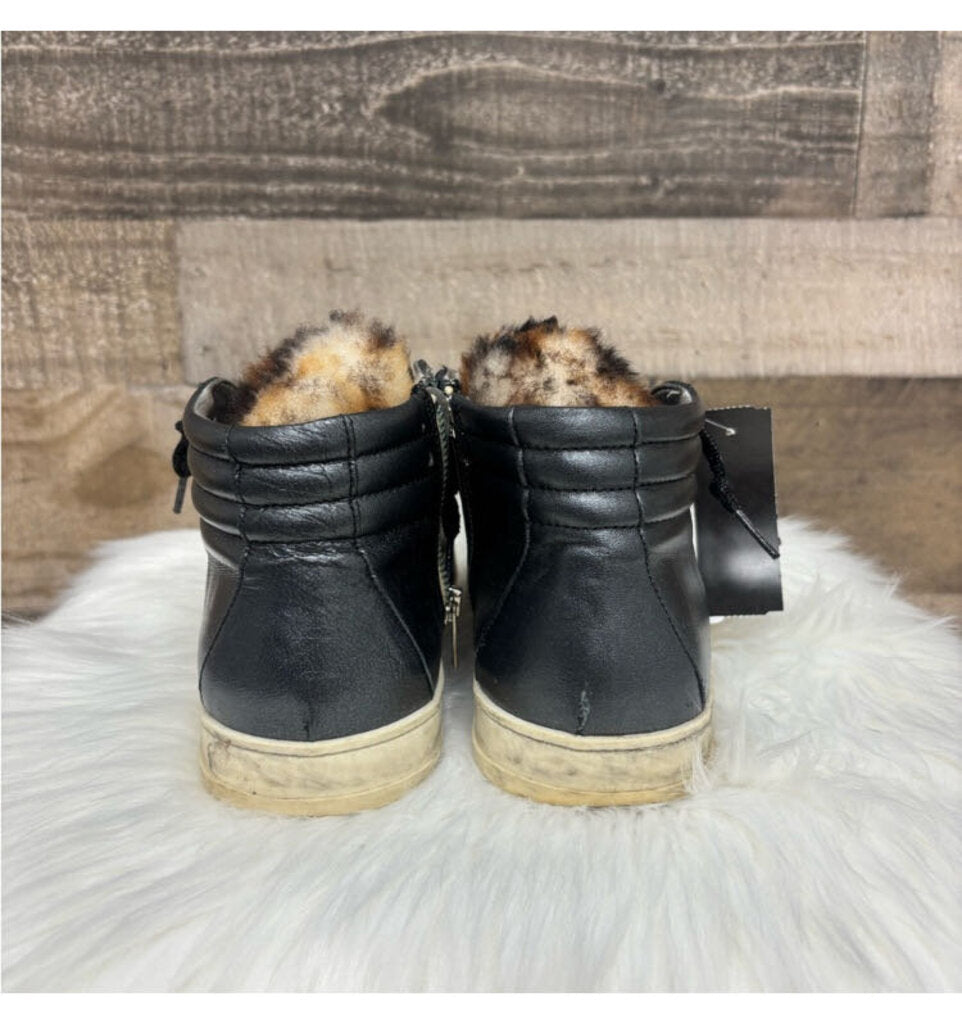 P488 Black Leather & Faux Fur High Top Sneakers