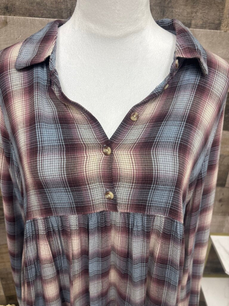 Lucky Brand Lt Blue & Burgundy Flannel Plaid Tunic