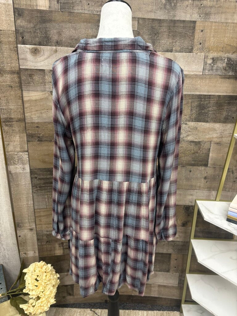 Lucky Brand Lt Blue & Burgundy Flannel Plaid Tunic