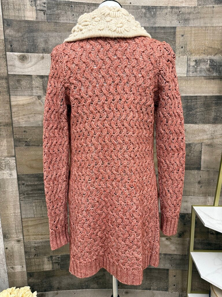 Anthro Knitted & Knotted Rose Cardigan w/Cream Floral Collar