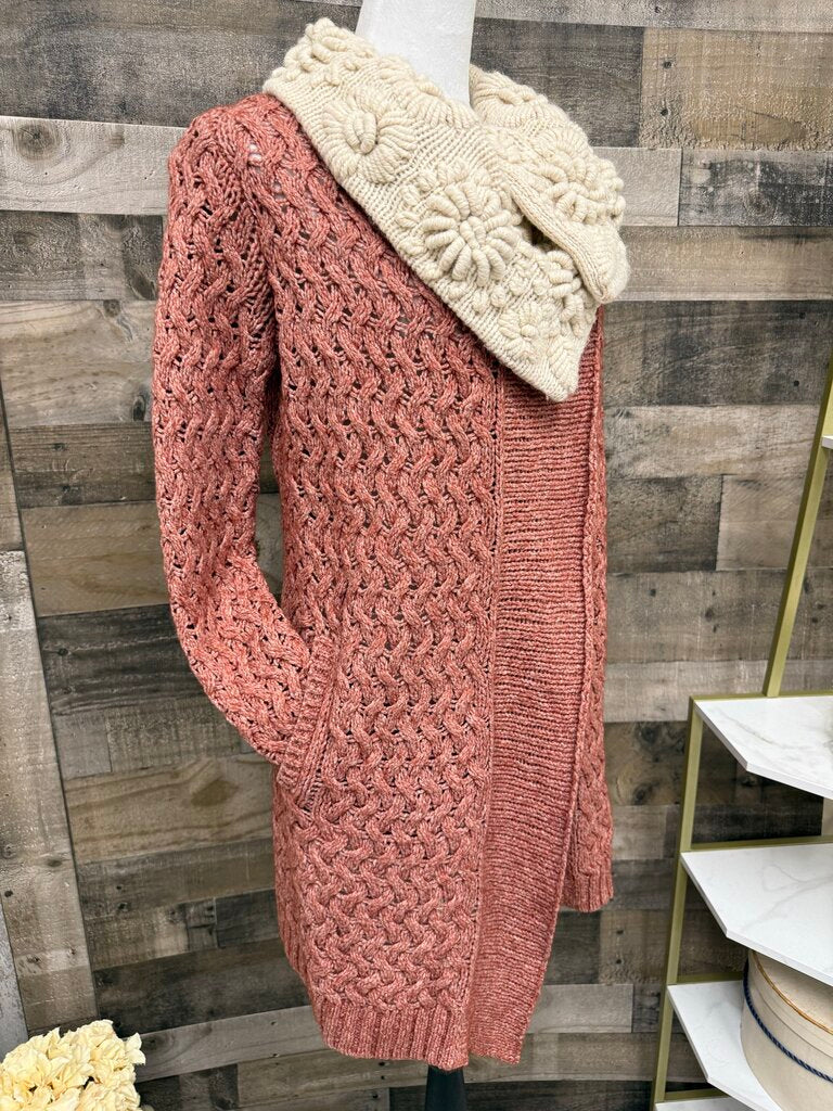 Anthro Knitted & Knotted Rose Cardigan w/Cream Floral Collar