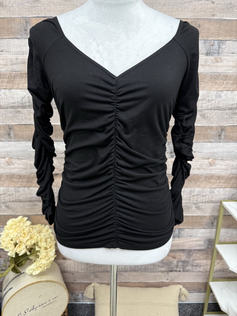 Reformation Black Ruched Long Sleeve V-Neck