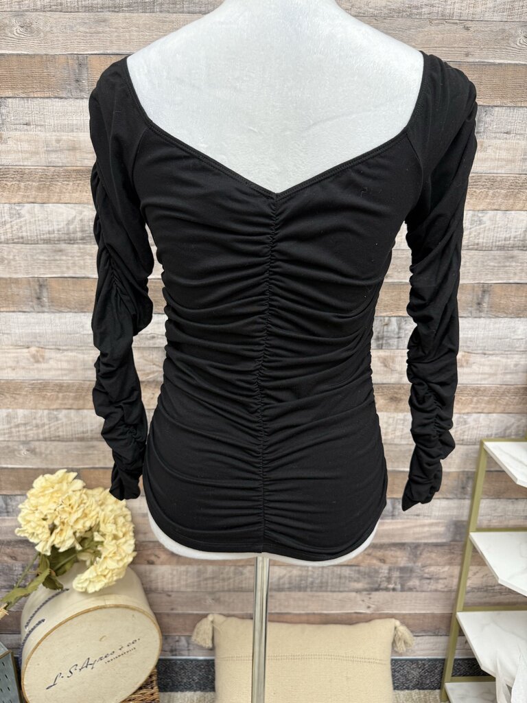 Reformation Black Ruched Long Sleeve V-Neck