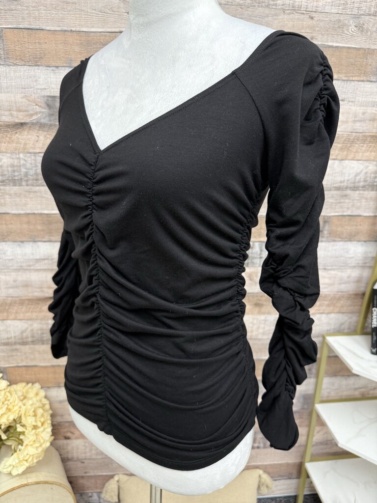 Reformation Black Ruched Long Sleeve V-Neck