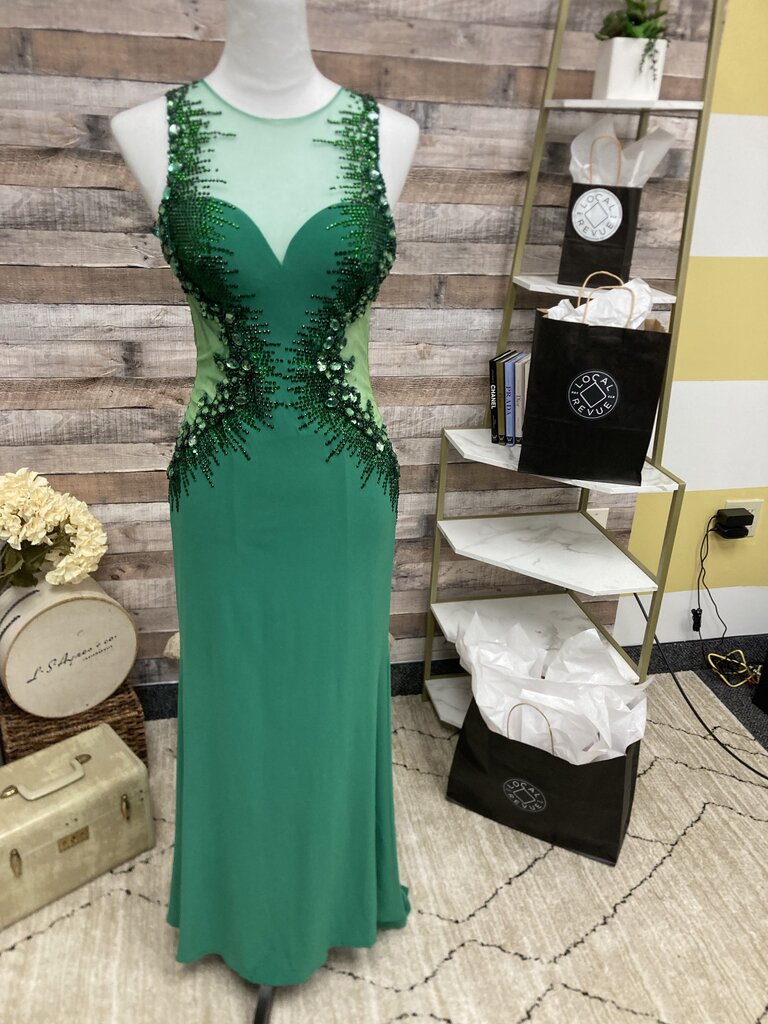 Madison James Beaded Green Evening Gown