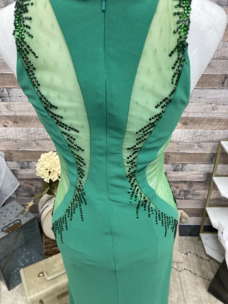 Madison James Beaded Green Evening Gown